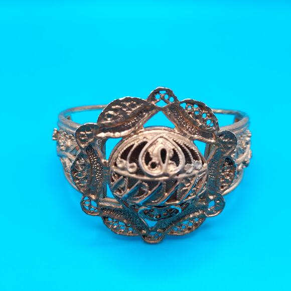 Vintage Gold Tone Filigree Openwork Cuff Bracelet, Egyptian Revival, 6 1/2 Inch - Picture 2 of 13